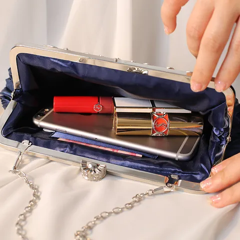 Vintage Gefaltete Satin Abendkupplung Tasche Für Damen Strass Verschluss Braut Hochzeit Handtasche Party Kette Geldbörse