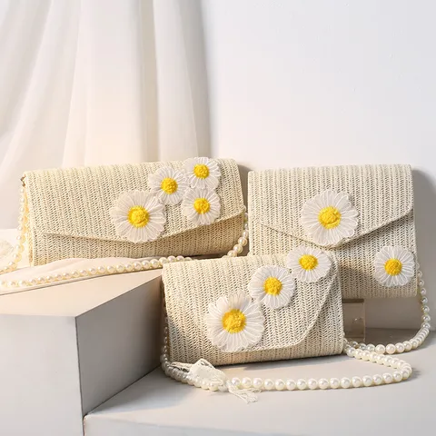 Handgewebte Gänseblümchen Strohtasche Für Damen Perlenkette Schulter Umhängetasche Süße Blumenstickerei Sommer Strandtasche
