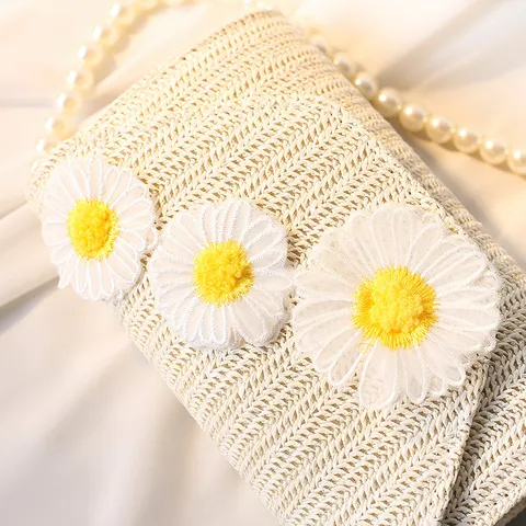 Handgewebte Gänseblümchen Strohtasche Für Damen Perlenkette Schulter Umhängetasche Süße Blumenstickerei Sommer Strandtasche