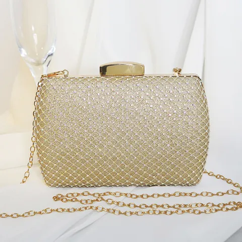 High-End Box Evening Clutch Bag For Women Glitter Rhinestone Mesh Handbag Elegant Banquet Wedding Party Formal Dress Purse With Chain