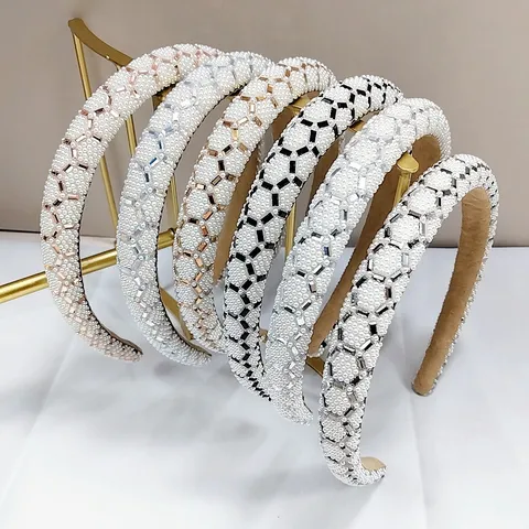 Gepolsterter Strass Künstliche Perle Haarreif Für Damen Schwere Industrie Geometrischer Kristall Haarreifen Luxus Retro High Top Haarschmuck