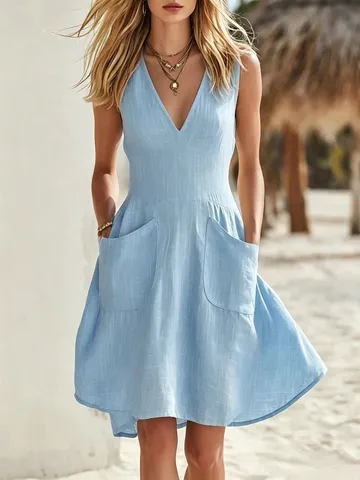 Vestito Senza Maniche con Scollo a V da Donna Abito Midi Casual Tinta Unita Ampio con Grandi Tasche Abito da Spiaggia a Linea A