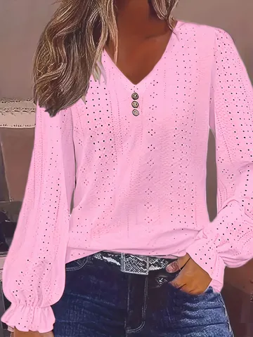 Women Plus Size Eyelet V-Neck T-Shirt Long Sleeve Ruffle Cuff Top Casual Solid Color Polyester Blouse Spring Autumn