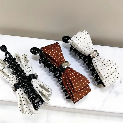 Elegant Premium Yarn Fabric Polka Dot Bowknot Banana Clip Vertical Hair Claw With Rhinestone Embellishment For Women Back of Head Headwear