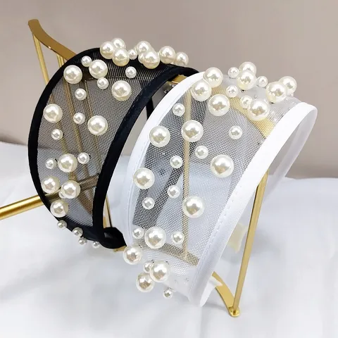 Damen Leicht Luxus Netz Künstliche Perle Haarband Elegant Breitkrempig Netzgewebe Strass Perlen Stirnband Mode Haarschmuck