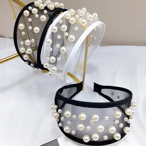 Damen Leicht Luxus Netz Künstliche Perle Haarband Elegant Breitkrempig Netzgewebe Strass Perlen Stirnband Mode Haarschmuck