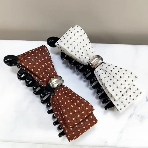 Elegant Premium Yarn Fabric Polka Dot Bowknot Banana Clip Vertical Hair Claw With Rhinestone Embellishment For Women Back of Head Headwear