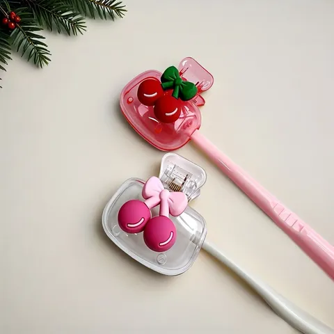 Portable Mini Toothbrush Head Cover Case Travel Dustproof Toothbrush Protector With Cute 3D Cherry Bow Design Plastic Storage Clip