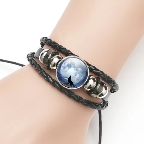 Men's Vintage Multi-layer Leather Bracelet Wolf Theme Glass Cabochon Braided Rope Adjustable Wristband Fashion Jewelry Gift