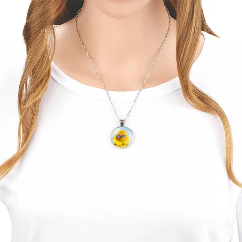 Sunflower Pendant Necklace Stainless Steel Chain Glass Cabochon Trendy Botanical Floral Fashion Jewelry For Women