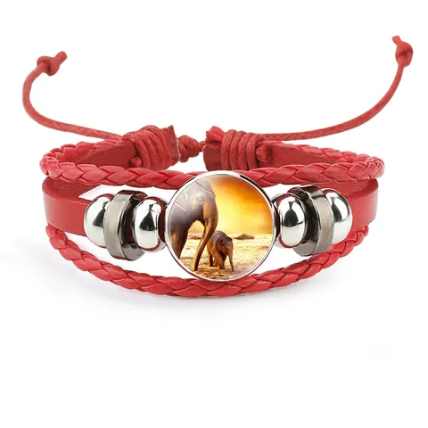 Multi-Layer Braided Leather Bracelet Vintage Elephant Glass Cabochon Charm Bracelet Unisex Daily Jewelry