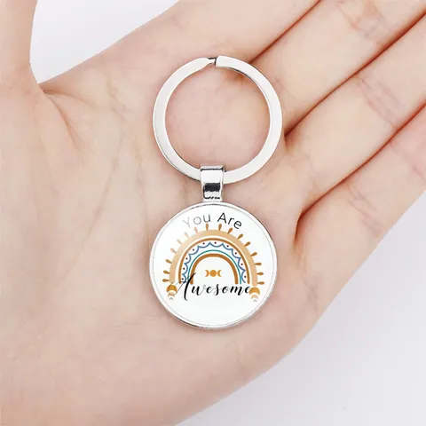 Minimalist Metal Round Keychain With Inspirational Phrase Boho Rainbow Glass Cabochon Key Ring Daily Accessories Gift