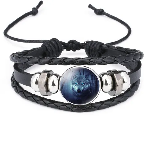 Men's Vintage Multi-layer Leather Bracelet Wolf Theme Glass Cabochon Braided Rope Adjustable Wristband Fashion Jewelry Gift