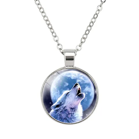 Men Women Stainless Steel Wolf Glass Cabochon Pendant Necklace Vintage Animal Moon Star Long Chain Jewelry Gift
