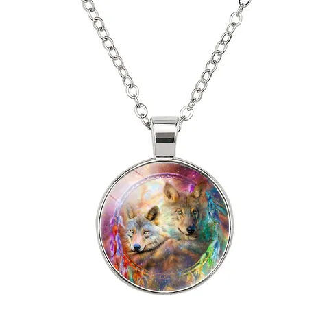 Men Women Stainless Steel Wolf Glass Cabochon Pendant Necklace Vintage Animal Moon Star Long Chain Jewelry Gift