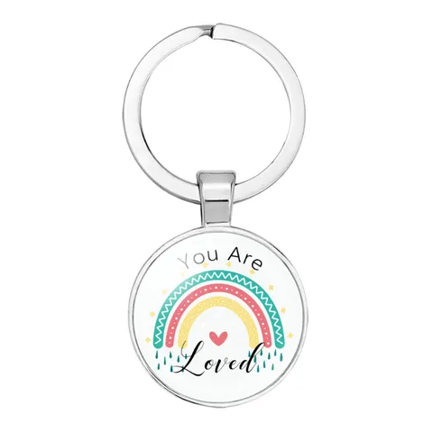 Minimalist Metal Round Keychain With Inspirational Phrase Boho Rainbow Glass Cabochon Key Ring Daily Accessories Gift
