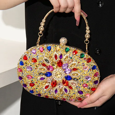 Sac de Soirée Élégant en Polyester avec Strass Motif Floral Pochette en Cristal Incrusté à la Main Sac à Main de Luxe avec Bandoulière Chaîne pour Banquet Mariage Fête Femmes