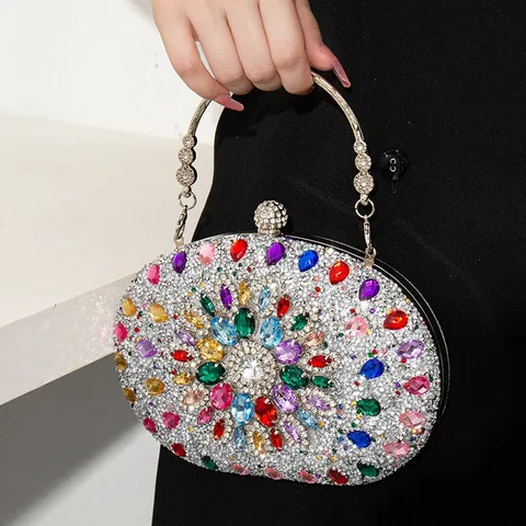 Sac de Soirée Élégant en Polyester avec Strass Motif Floral Pochette en Cristal Incrusté à la Main Sac à Main de Luxe avec Bandoulière Chaîne pour Banquet Mariage Fête Femmes
