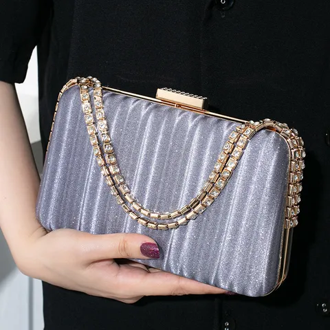 Damen Luxus Strass Abendtasche Glitzer Clutch Tasche Für Hochzeit Party Bankett Metallisch PU Kette Quadratisch Handtasche