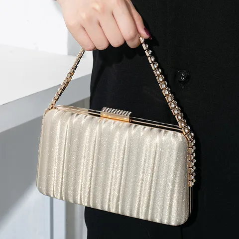 Damen Luxus Strass Abendtasche Glitzer Clutch Tasche Für Hochzeit Party Bankett Metallisch PU Kette Quadratisch Handtasche