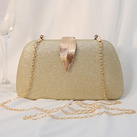 Women Elegant Metal Leaf Clasp Evening Clutch Bag Glitter Sequins Hard Shell Box Small Square Bag Formal Wedding Party Clutch