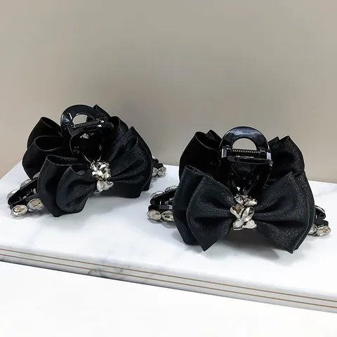 Elegante Stof Strik Haarklem Met K9 Kristal Strass Zwart Hars Haarclip Mode Haaraccessoires Voor Dames