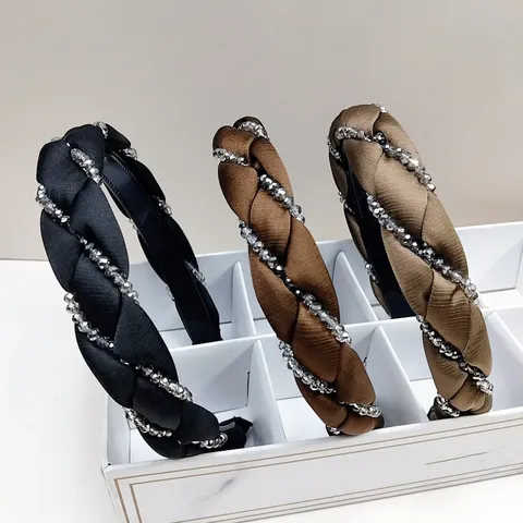 Vintage Braided Twist Headband With Shiny Rhinestones French Style Wide Hair Band Anti-Slip Hair Accessories For Women Daily Commuting
