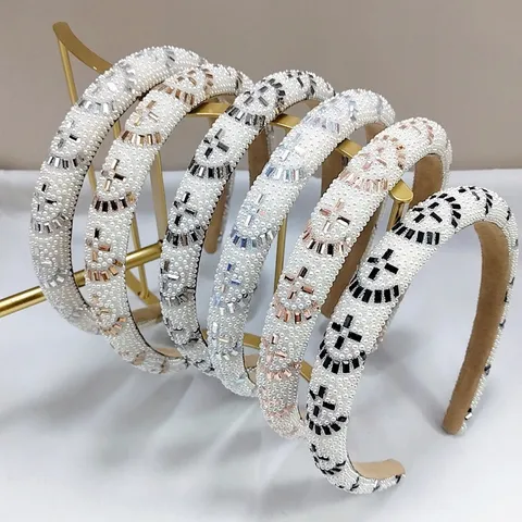 Serre-tête Étroit en Perles Artificielles et Cristal de Mode Bandeau à Sommet de Crâne Haut Accessoires de Cheveux Chic pour Femmes