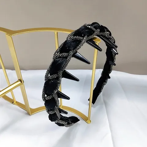 Diadema para Mujer Estilo Coreano Negro Trenzado Strass Acolchado Con Dientes Antideslizantes Moda Accesorios para el Cabello