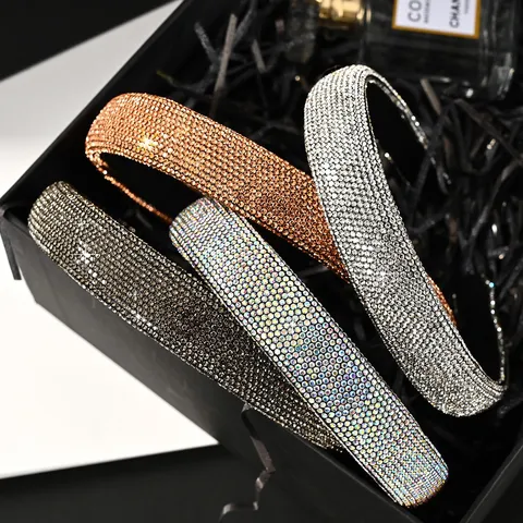 Korean Style Full Rhinestone Wide Headband Anti-Slip Padded Hairband For Women Elegant Sparkly Crystal Hair Accessory