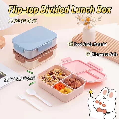 Microwavable Compartmentalized Plastic Lunch Box With Utensils Portable Bento Box For Students Office Food Container Leak-proof Storage Box