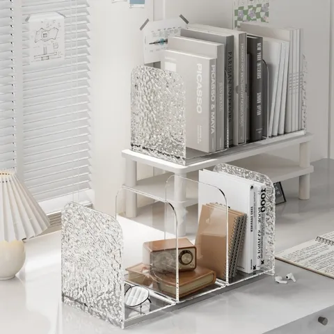 Luxe Gletsjertextuur Acryl Desktop Boekensteunen Transparant 3 Vakken Boekopslag Voor Kantoor School Huis Bureau Organizer