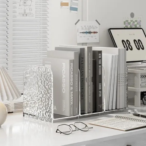 Luxe Gletsjertextuur Acryl Desktop Boekensteunen Transparant 3 Vakken Boekopslag Voor Kantoor School Huis Bureau Organizer