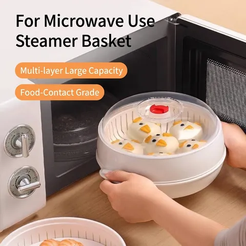 Microwave Food Grade PP Steamer Basket Round Double Single Layer Heating Container with Lid Vent for Buns Vegetables Kitchen
