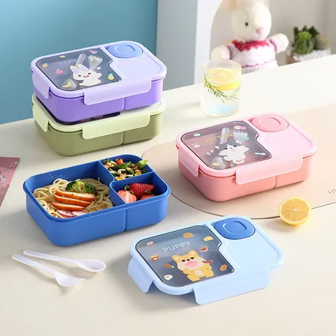 Cartoon Animal Bento Box For Students Office Worker Food Grade PP Plastic 3 Compartments Sealed Lunch Box With Cutlery Microwave Safe