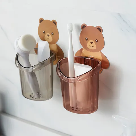 Creative Cartoon Bear Toothbrush Holder Wall Mounted Punch Free Draining Storage Cup Bathroom Organizer Shelf