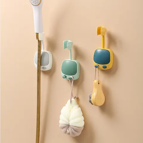 Cartoon Bear Shower Head Holder Wall Mounted No-Drilling Adjustable Bathroom Shower Bracket With Hooks Multi-Functional Plastic Storage Rack