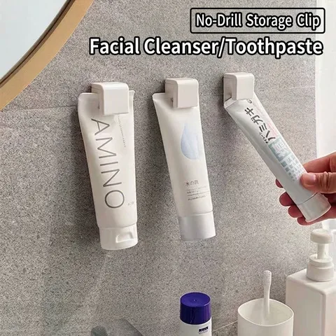Wall-Mounted White ABS Plastic Toothpaste Facial Cleanser Storage Clip Punch-Free Bathroom Organizer Rack Hanging Holder