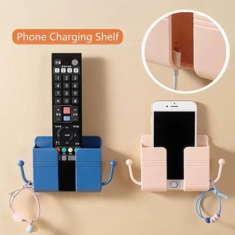 Wall Mounted Mobile Phone Charging Stand Holder Punch Free Bedside Storage Rack Remote Control Organizer Hooks ABS Plastic Shelf