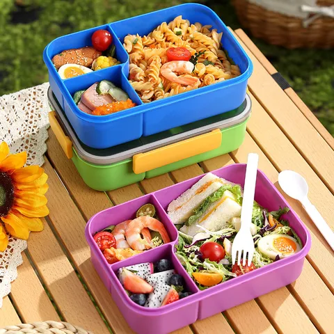 Japanische Abgeteilte Lunchbox Aus Kunststoff Mikrowellengeeignete Versiegelte Bento-Box Mit Löffel Und Gabel Für Die Schule