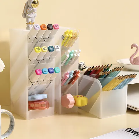 Slanted 4 Slot Desktop Pen Holder Organizer Frosted Plastic Wheat Straw Pencil Storage Rack For Office School Supplies