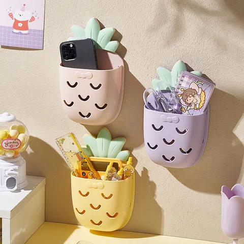 Cute Pineapple Wall Mounted Storage Box No Drill Bathroom Organizer For Toothbrush Toothpaste Holder Drainage Rack For Dorm Home Storage