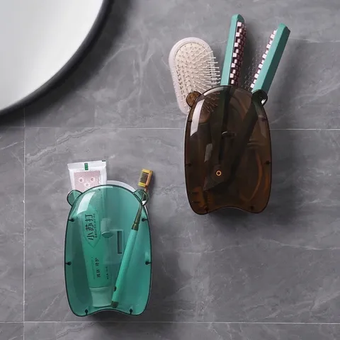 Cartoon Bear Wall Mounted Toothbrush Holder Bathroom Storage Cup Adhesive No-Drilling Toothpaste Rack Organizer for Bathroom