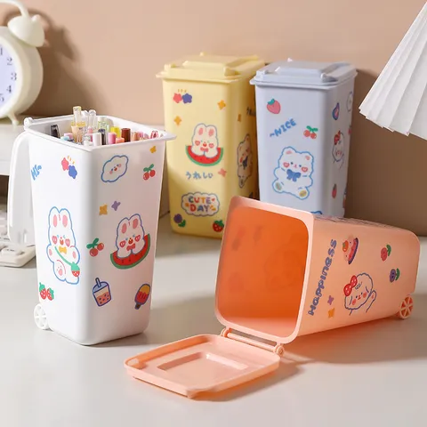 Cute Cartoon Mini Desktop Trash Can With Flip Lid Creative Pen Holder Small Storage Bin Portable Plastic Office Waste Basket For Home Decor