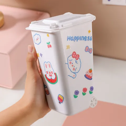 Cute Cartoon Mini Desktop Trash Can With Flip Lid Creative Pen Holder Small Storage Bin Portable Plastic Office Waste Basket For Home Decor