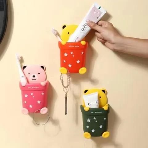Cartoon Bear Rabbit Wall Mounted Toothbrush Holder Bathroom Storage Cup Drainage Organizer Cup Rack For Toothpaste Jewelry