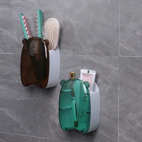 Cartoon Bear Wall Mounted Toothbrush Holder Bathroom Storage Cup Adhesive No-Drilling Toothpaste Rack Organizer for Bathroom