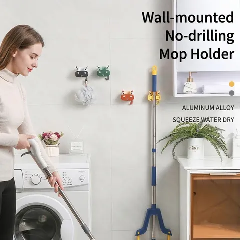 Cartoon Ox Head Wall Mounted Mop Holder Punch Free Broom Organizer Self Adhesive Mop Rack With Hook For Bathroom Storage