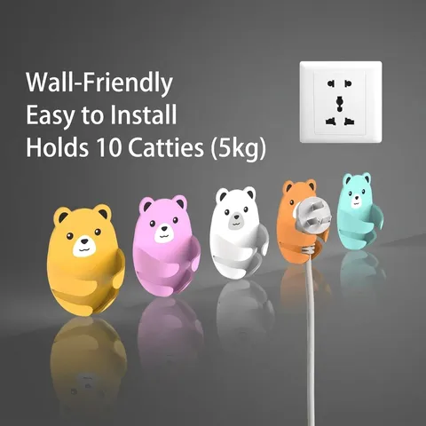 Cartoon Bear Power Plug Hook Adhesive Non-Punch Socket Storage Rack Wall Mounted Cable Organizer Home Decor Kitchen Holder