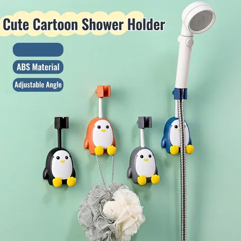 Cute Penguin Cartoon Shower Head Holder Adjustable Angle Drill Free Waterproof Bathroom Wall Mount Sprayer Bracket With Hook